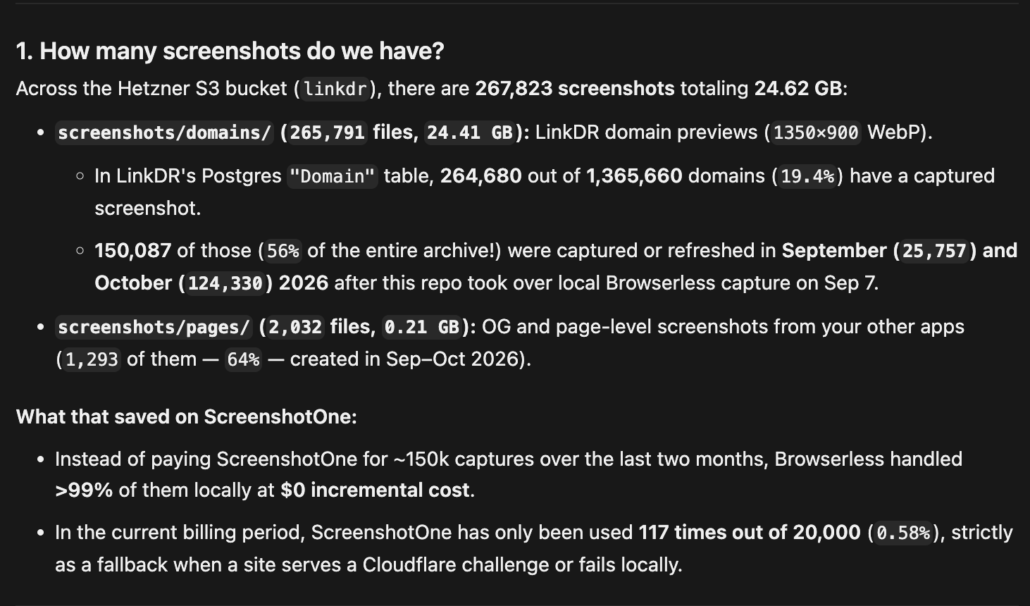 His Claude Code report screenshot on his screenshot pool: 267,823 screenshots (24.62 GB) in a Hetzner S3 bucket, 124,330 captured locally in October 2026, and ScreenshotOne used as a fallback 117 of 20,000 times.