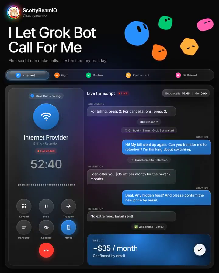 Frame from ScottyBeamIO's animated video "I Let Grok Bot Call For Me": an internet provider retention call transcript ending with the result card "-$35 / month, Confirmed by email".